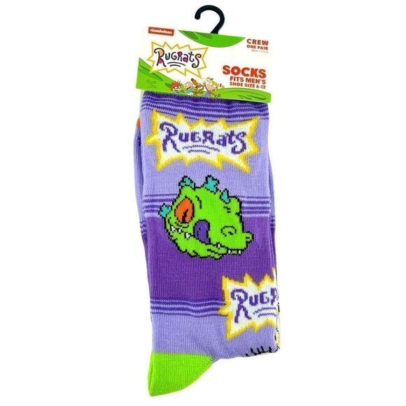 Nickelodeon Rugrats Purple Green Tommy Chuckie Reptar Crew Socks Size 6-12 - Picture 1 of 6